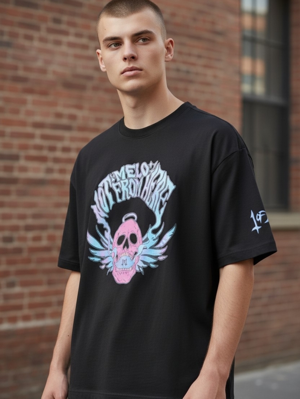 Puma Melo Reflections Black Graphic Tee with Pink/Blue Skull, NWT - Picture 4 of 4
